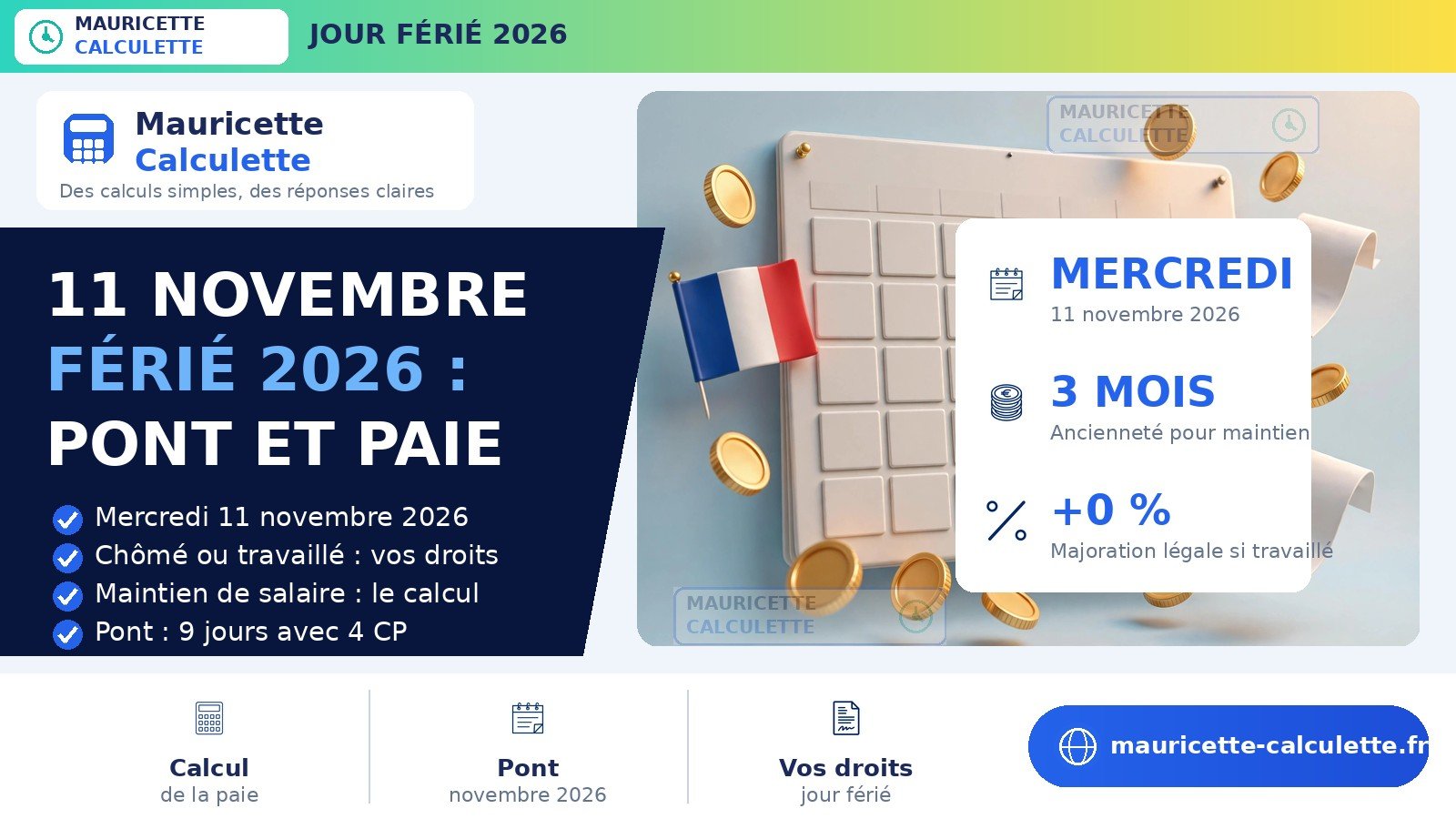 Read more about the article 11 novembre férié 2026 : pont, paie et calcul du salaire